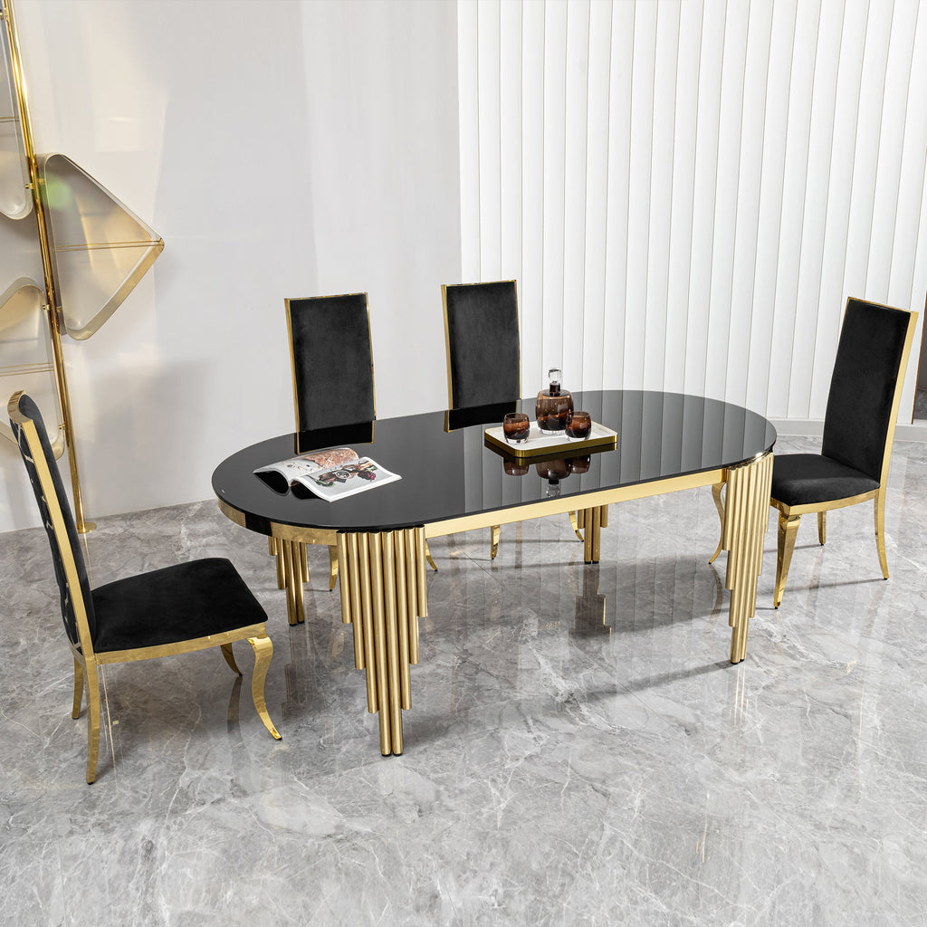 70.08 in. Oval Dining Table with Black Glass Top and Gold Stainless Steel Base, for 6 Seats