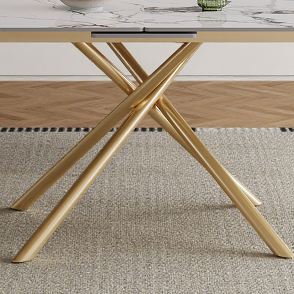 59-inch Modern rectangle Expandable Dining Table with Retractable Leaf, Sintered Stone Top & Golden Carbon Steel X-Base, Sturdy 4-6 Person Table for Small Apartments, Kitchen, Dining Room