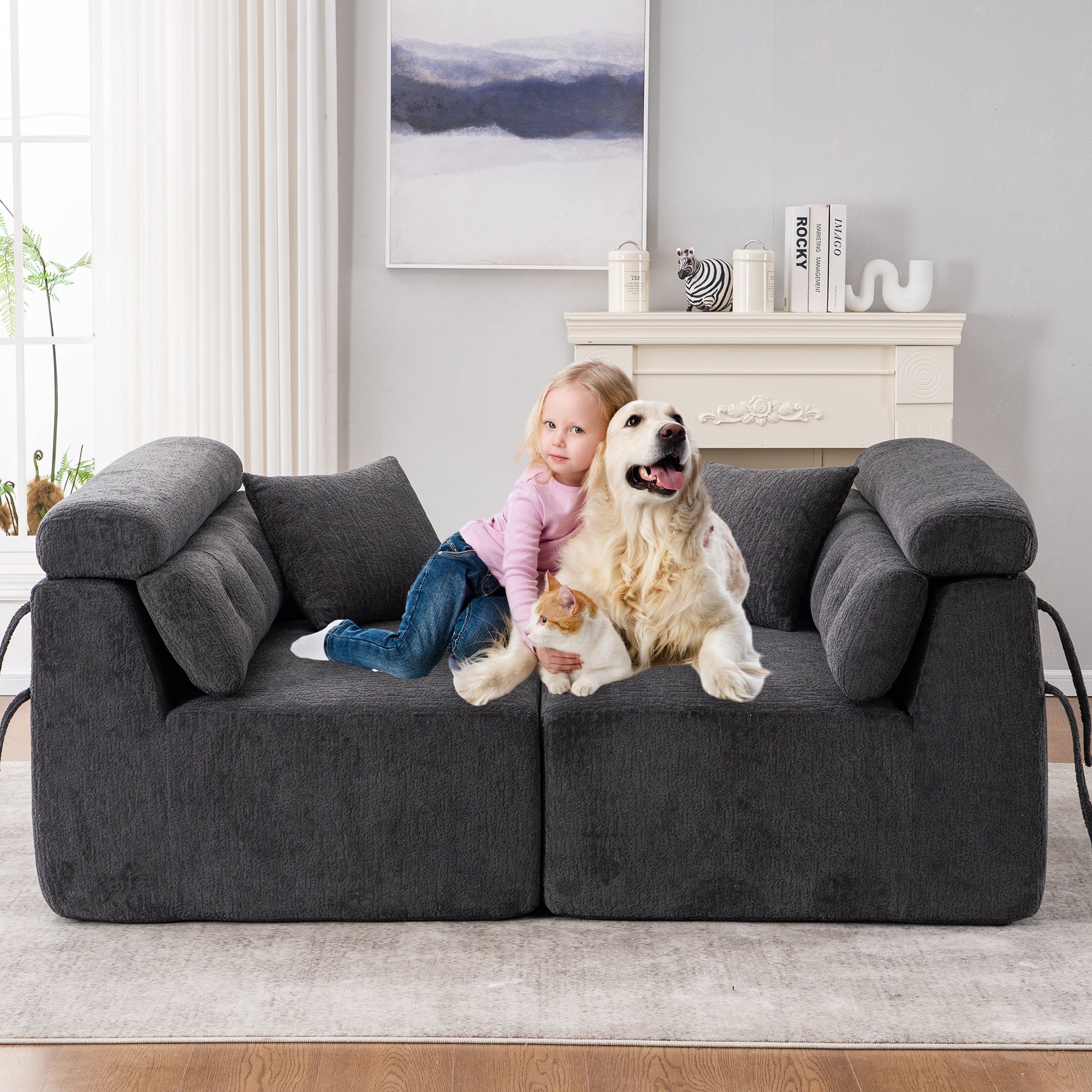 LY-029 GRAY COMPRESSION SOFA: 4-seater combined sofa, Wood Grain Chenille fabric, full sponge compression sofa,combined sofa with 2 pillows  for living/ Home Furniture/ Apartment