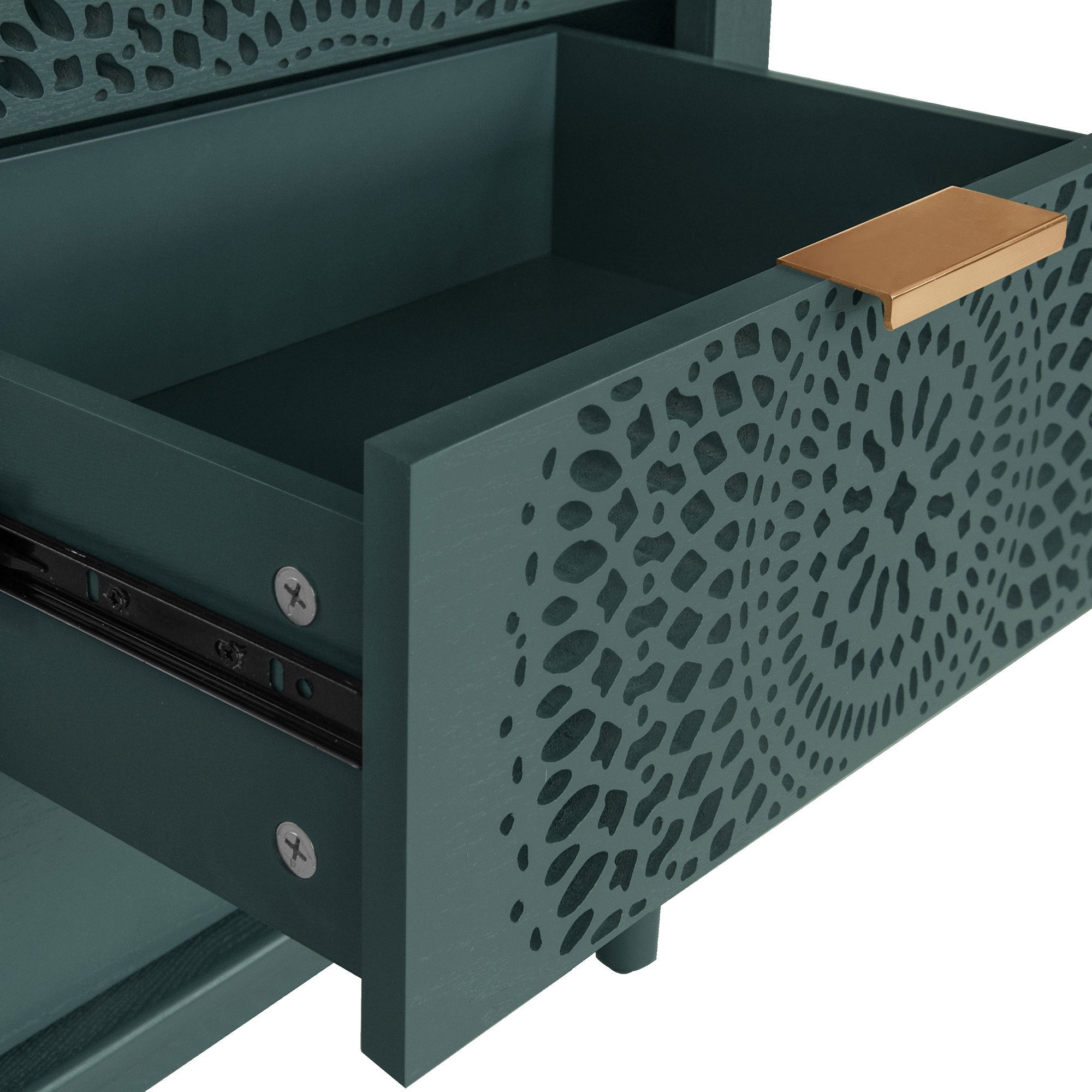 Blackish Green Hollow-Carved 3-Drawer Dresser with Metal Handles, MDF Storage Chest for Living Room or Bedroom