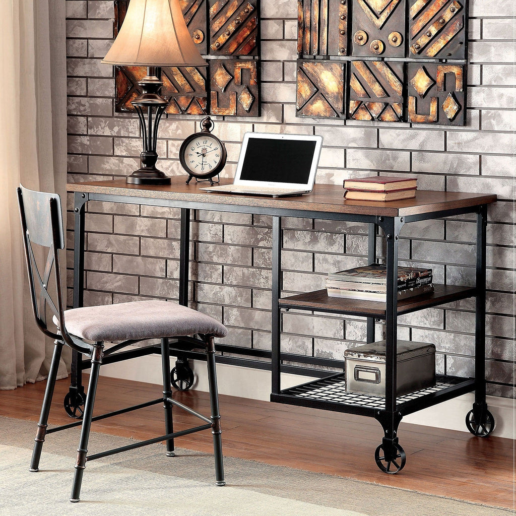 Industrial Inspired Desk With An Antique Black Metal Construction Replicated Wood Top And Caster Wheel Accents