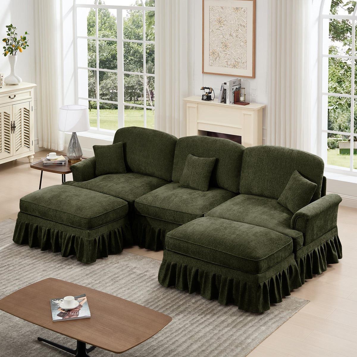 Classic Comfy Modular U Shape Sectional Sofa Couch with Flared Arms and Removable Ruffles Pleats Skirts and Spindle Legs, Upholstered Chenille Deep Seat Cloud Sofa with Movable Ottomans,Green