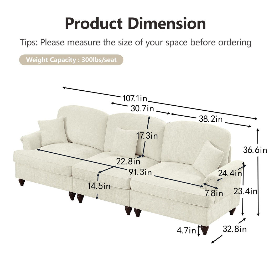 Classic 2 Piece Modular Couch Living Room Sofa Set with Flared Arms and Removable Ruffles Pleats Skirts and Spindle Legs, 3 Seater Sofa +3-Seat Loveseat Sofa Sets for Living Room, Beige White