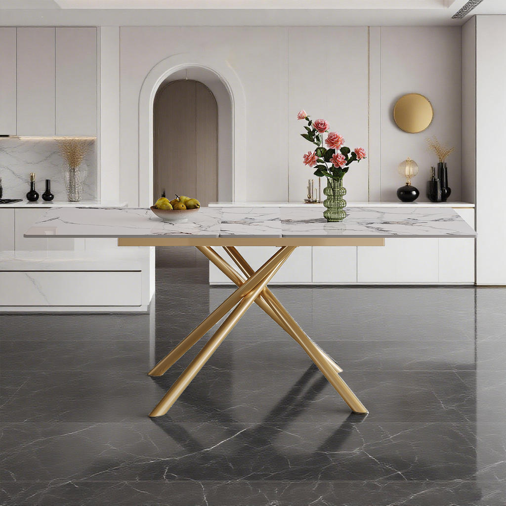 59-inch Modern rectangle Expandable Dining Table with Retractable Leaf, Sintered Stone Top & Golden Carbon Steel X-Base, Sturdy 4-6 Person Table for Small Apartments, Kitchen, Dining Room