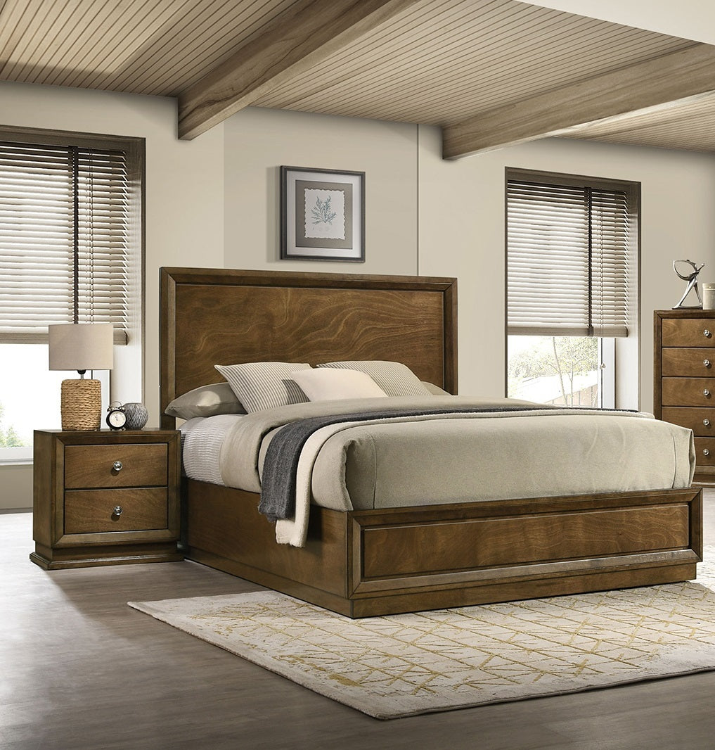 Walnut Color Transitional Style Twin Size Bed 2x Nightstands 3pc Set Bedroom Furniture Metal Knobs