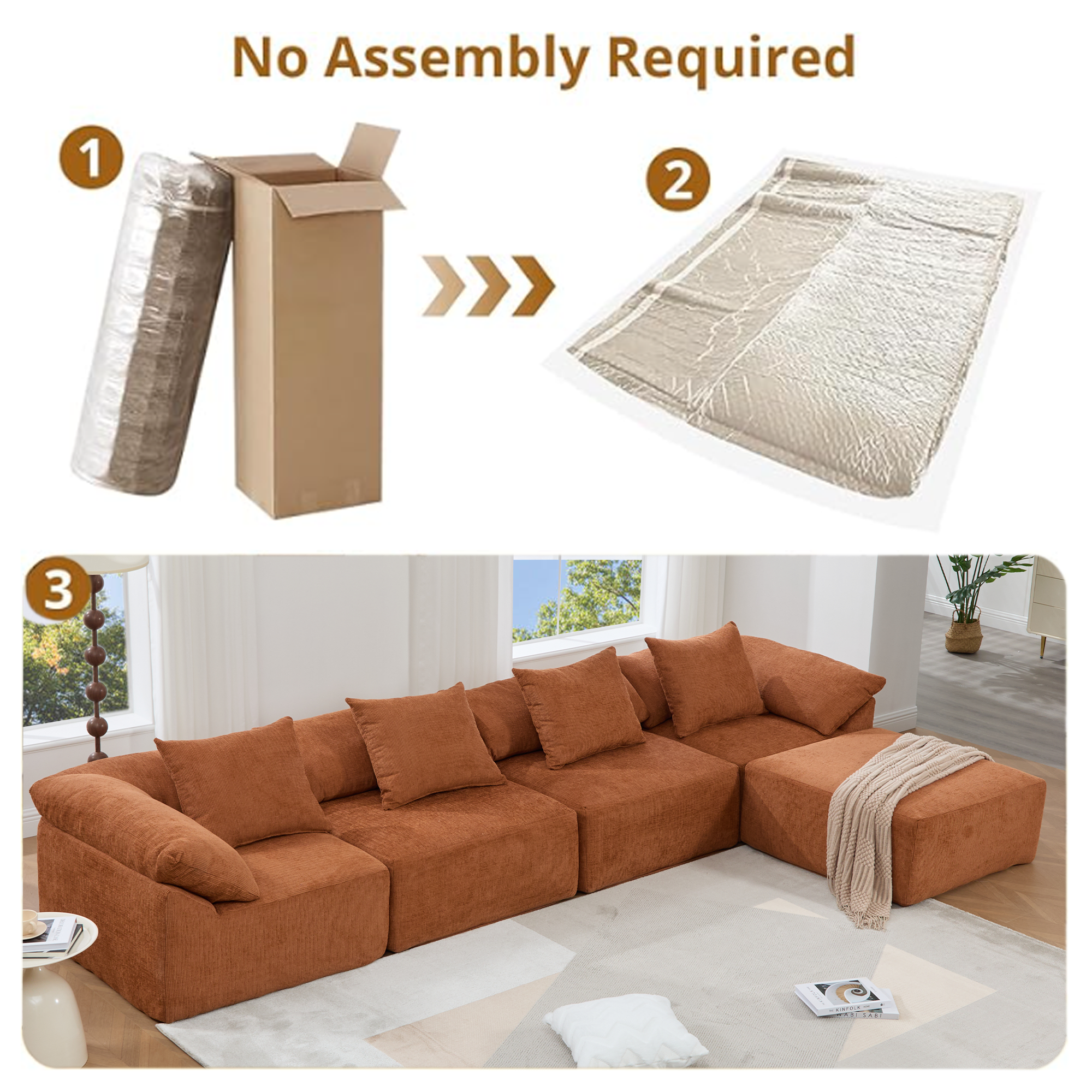 142' L Shaped Modular Sectional Sofa,No Assembly,5 Piece Couch, Convertible Sleeper Couch,Full-Compressed Couch,Free-Combined Couches,5 Seat & Ottoman,Chenille,Orange