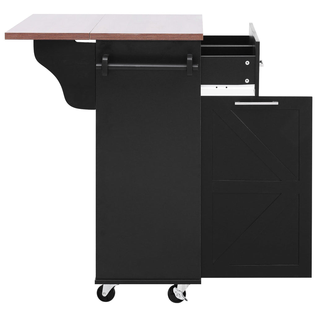 K&K 47.2' Farmhouse Kitchen Island with Drop Leaf, Kitchen Storage Island with Removable Side Racks, Two Drawers, Rolling Kitchen Cart on Wheels with Towel Rack, for Home, Kitchen, Dining Room, Black