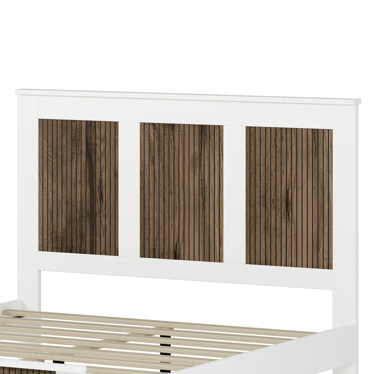 4-Pieces Bedroom Sets, Queen Size Farmhouse Platform Bed with Wooden Strip Stickers Decoration, Storage Nightstand and Dresser with Metal Handle, White(Old SKU: HL000191AAK)