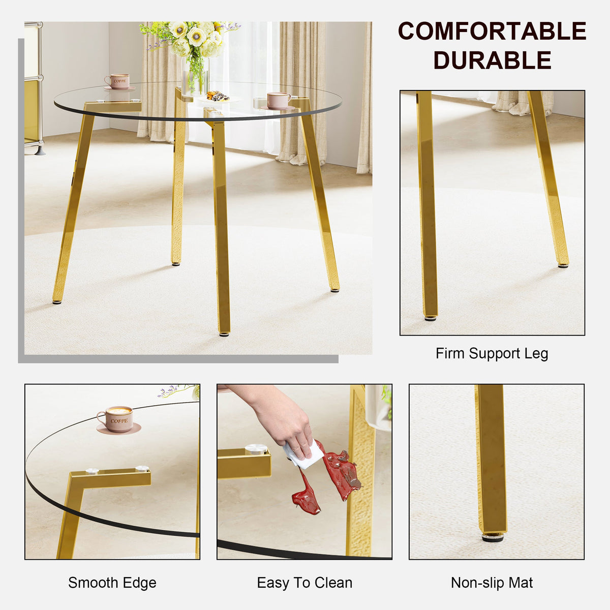 Modern minimalist style circular transparent tempered glass table, tempered glass tabletop, golden metal legs, suitable for kitchen, dining room, and living room, 42 '* 42' * 29.5 '1123r