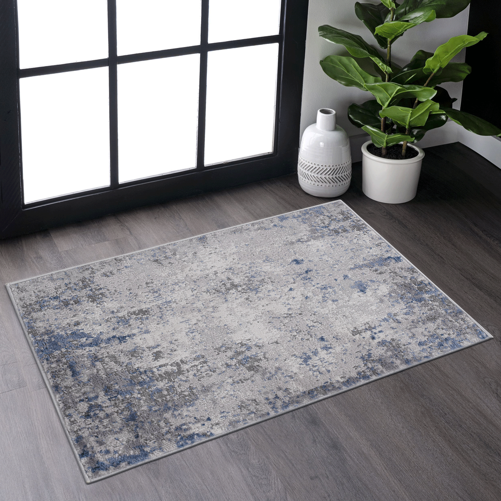 NAAR MARFI Collection 2X3 Silver / Blue / Abstract Doormat Rug