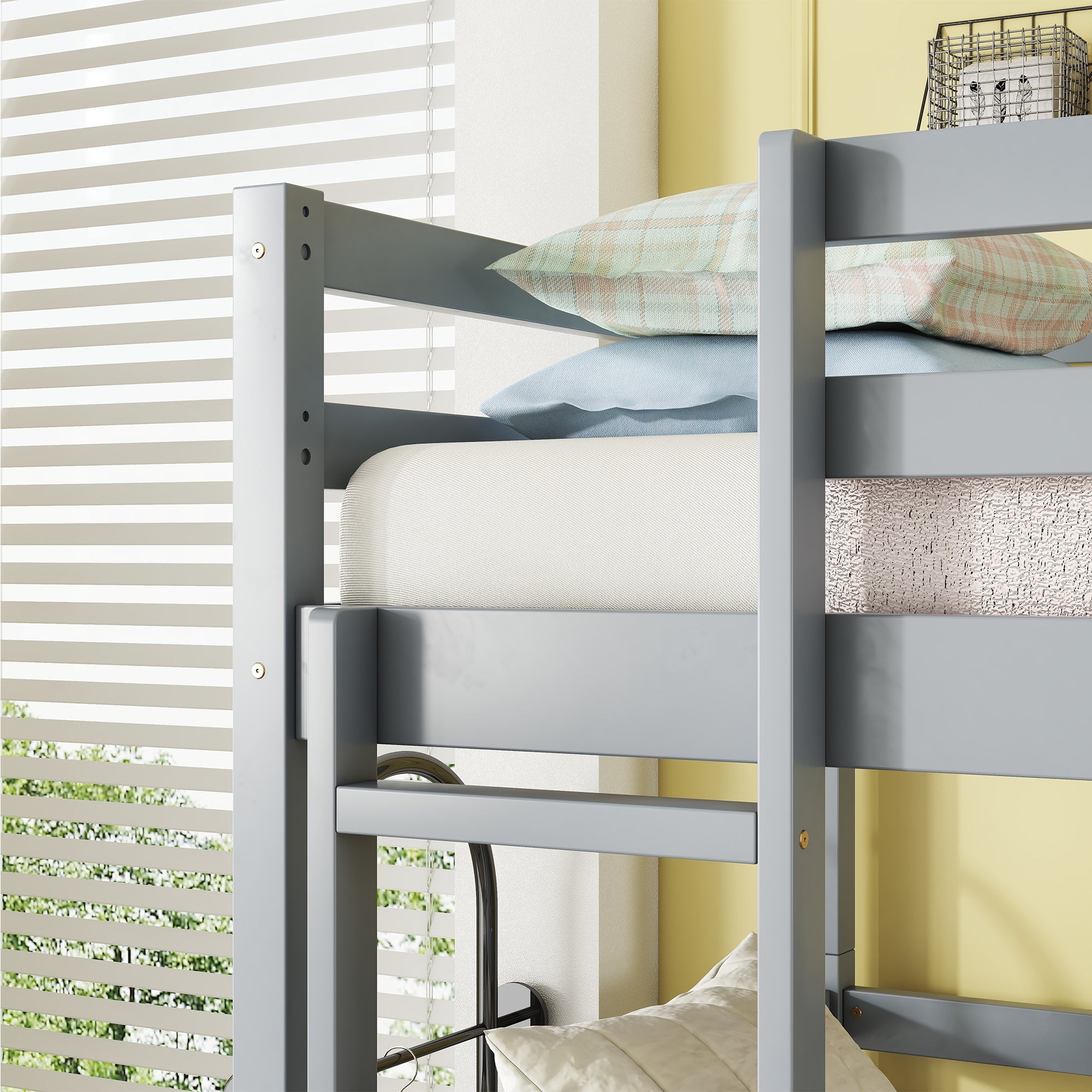 Triple Rubber Wood Bunk Bed with Two Built-in Ladders, Guardrails, Twin over Twin over Twin, Detachable Triple Twin Bunk Bed,Grey