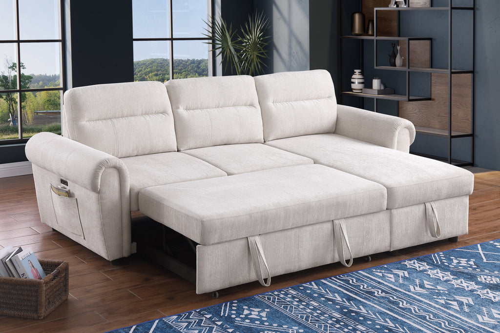 Hugo 97'W Beige Chenille Reversible Sleeper Sectional Sofa Chaise with USB Charger