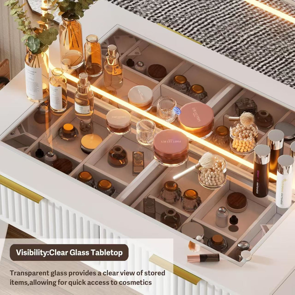 Vanity Desk with with Mirror and Lights, Makeup Vanity Table with Glass Top ,Dressing Table with Drawers, Bedroom Makeup Table for Women (White-Glass top)