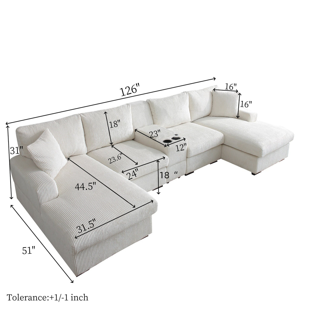 U Shaped Cloud Couch Sectional Sofa for Living Room,126' Oversized Comfy Cloud Sofa with Console,Cup Holder ,Double Chaise, Beige