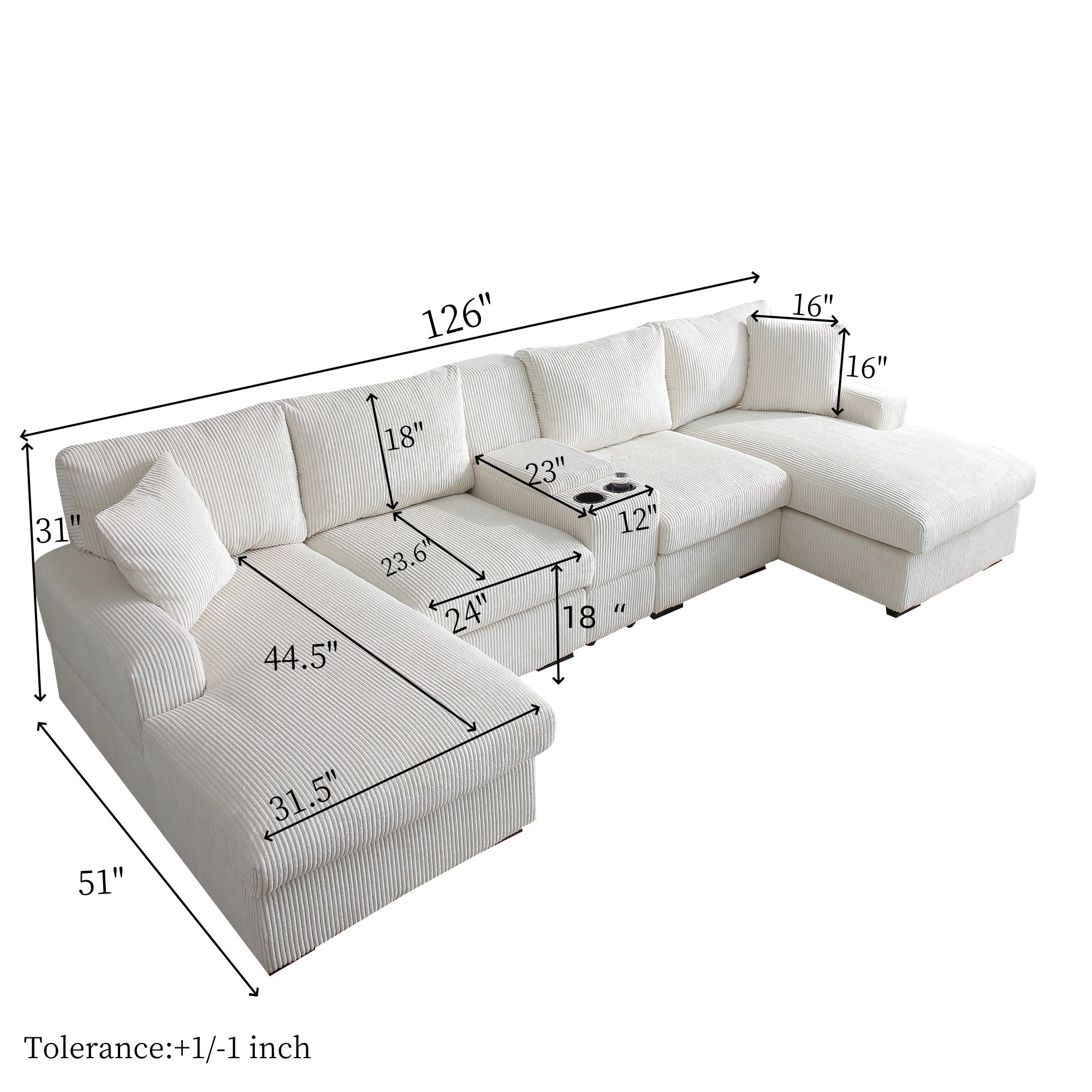 U Shaped Cloud Couch Sectional Sofa for Living Room,126' Oversized Comfy Cloud Sofa with Console,Cup Holder ,Double Chaise, Beige