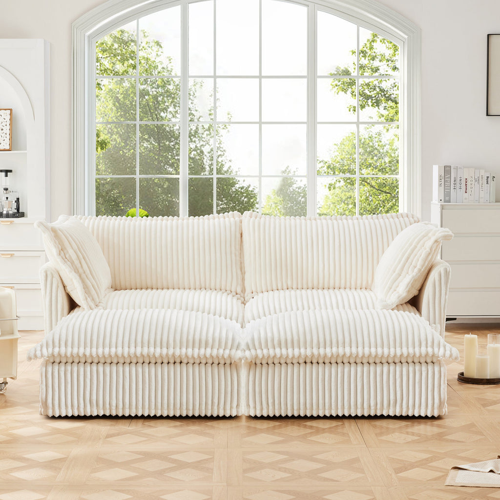 Slipcovered Sofa 2 Seater Sofa    With 2 Ottomans, 2 Seater Sleeper Sofa Bed Home Theater Oversized Sofa For Living Room, Corduroy, Cream