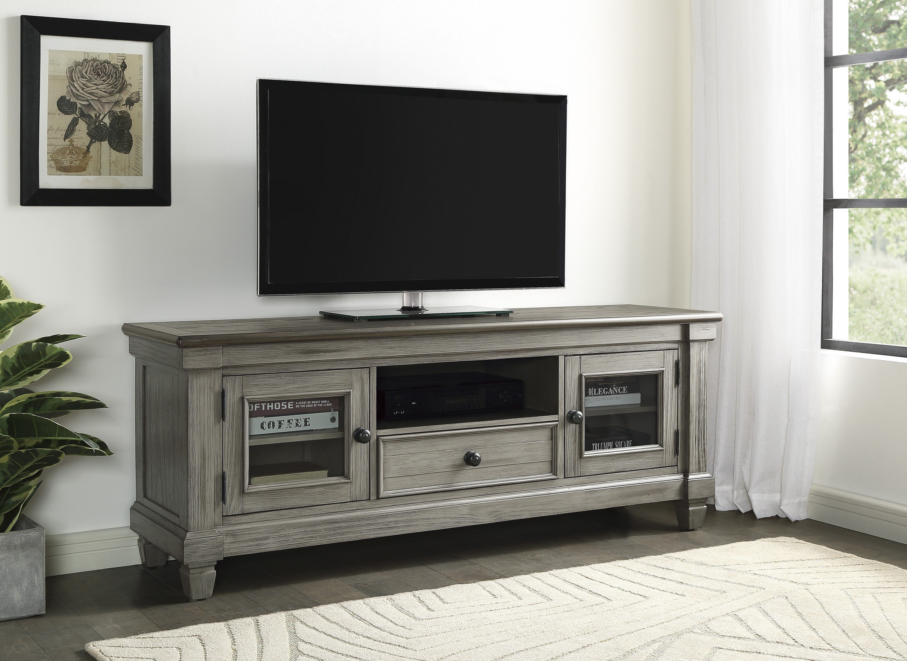 1pc TV Stand with Drawer Storage Cabinets Wooden Living Room Furniture, Coffee and Antique Gray Finish TV Console Table