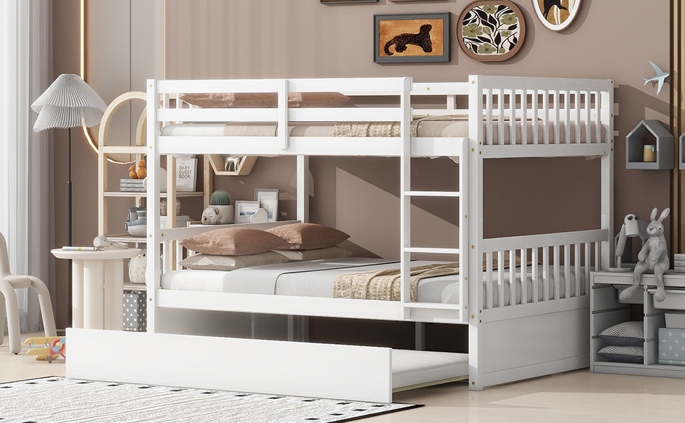 Full Over Full Rubber Wood Bunk Bed with Trundle, Ladder and Guardrails, Convertible to 2 Full Size Beds, with Twin Size Trundle,White