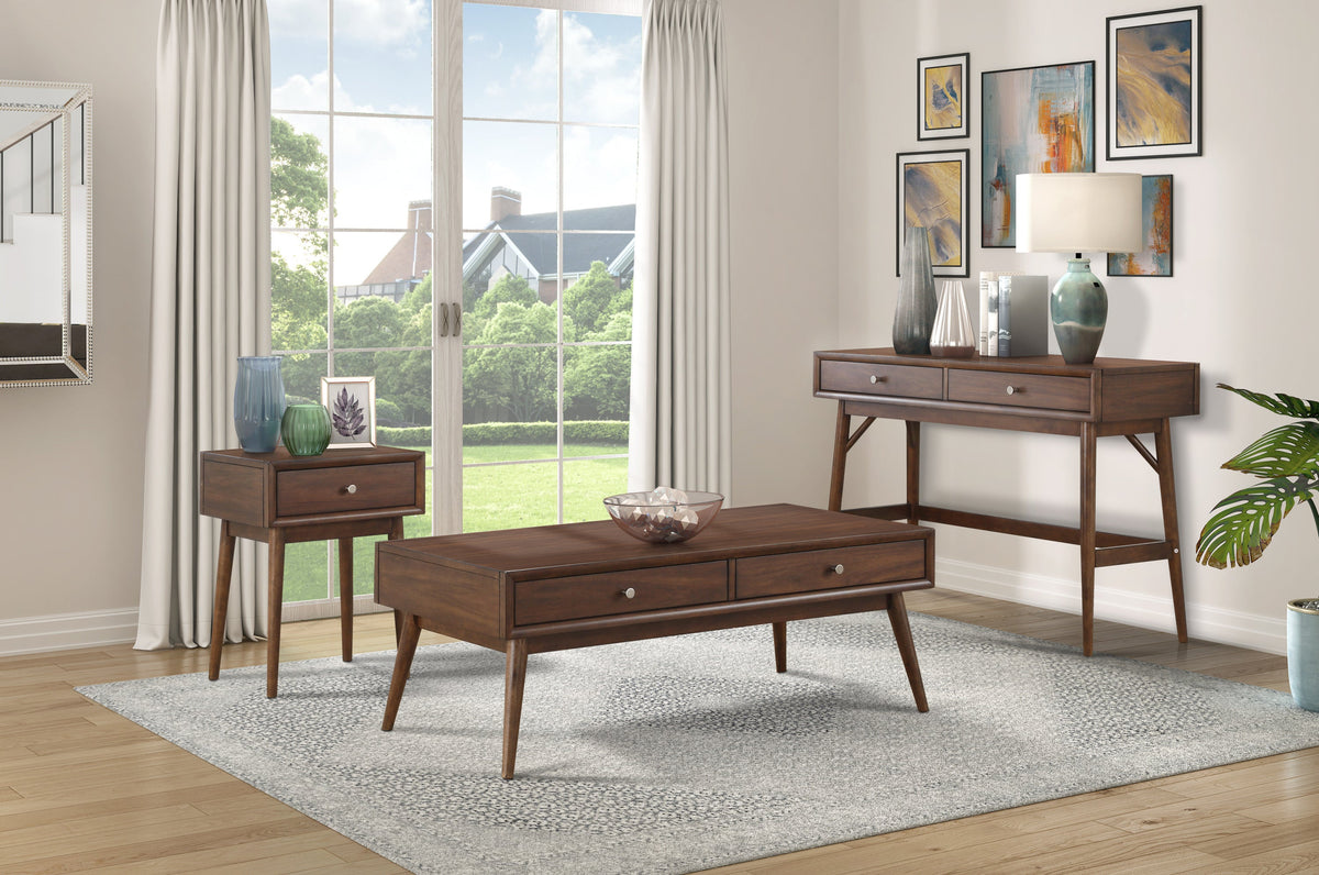 Retro Modern Style 1pc Coffee Table with 2x Drawers Brown Finish Living Room Furniture Walnut Veneer Wooden Furniture