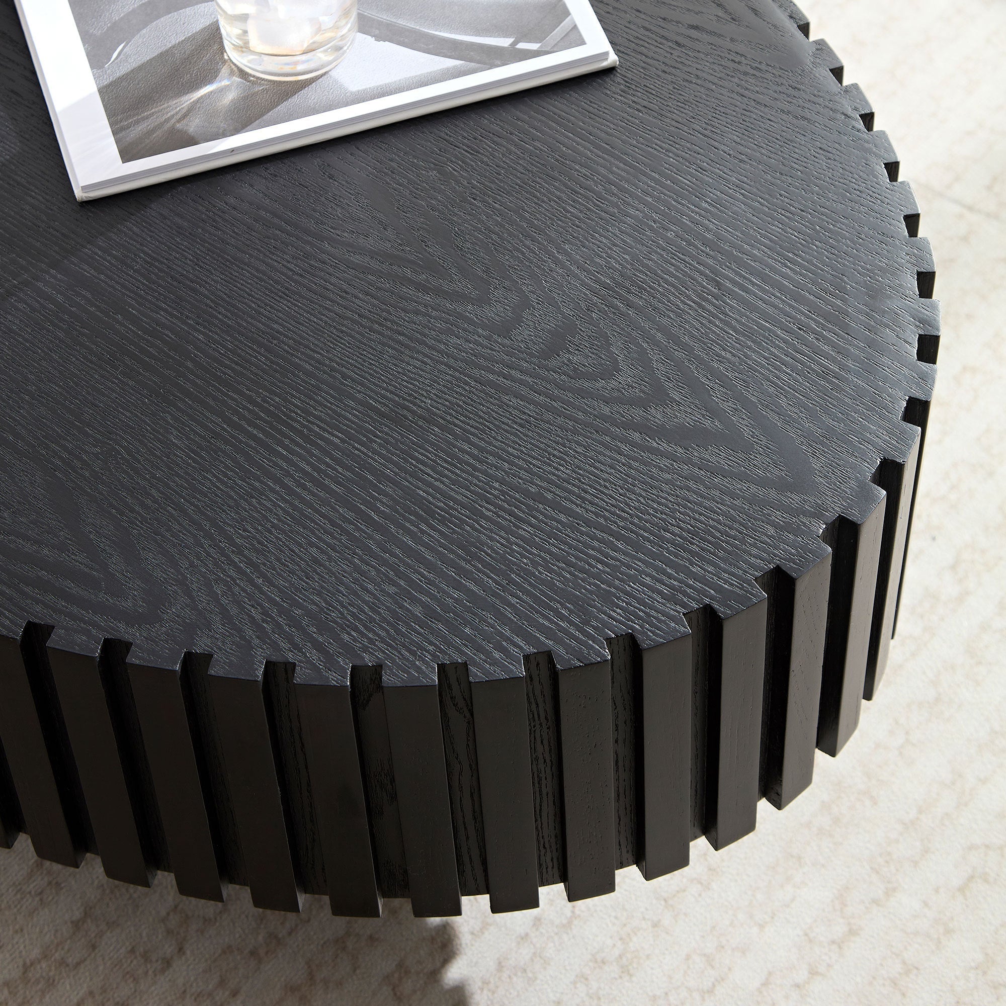 Modern Handcraft Drum Coffee Table Length 43.7 inch Ellipse Coffee Table for Living Room,Oval Small Coffee Table with Sturdy Pedestal,Black MDF