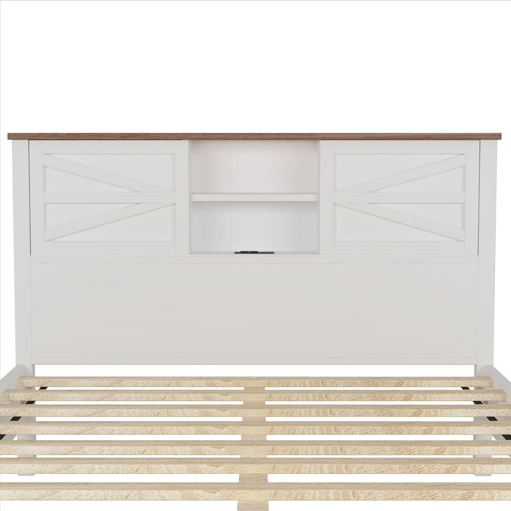 3-Pieces Bedroom Sets Full Size Farmhouse Platform Bed with Double Sliding Door Storage Headboard and Charging Station, Storage Nightstand and Dresser, White+Brown(Old SKU HL000091AAK)