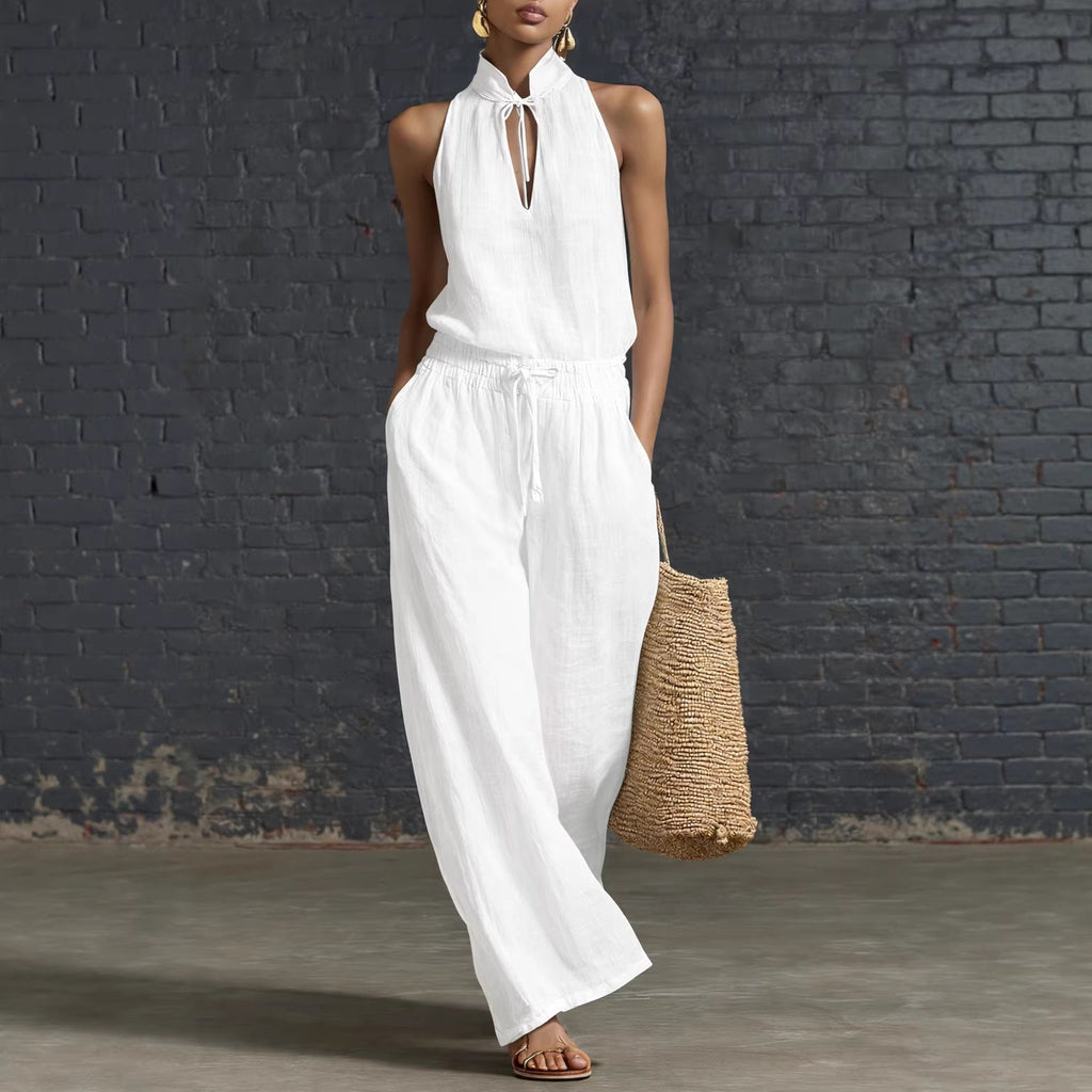 Women's Cotton Linen Sleeveless Top & Wide-Leg Pants Two-Piece Set