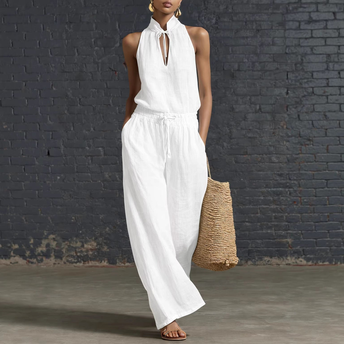 Women's Cotton Linen Sleeveless Top & Wide-Leg Pants Two-Piece Set