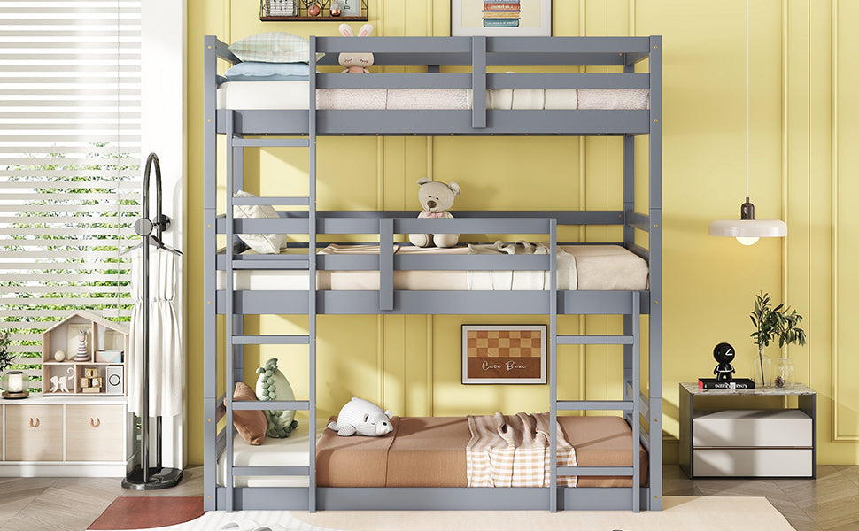 Triple Rubber Wood Bunk Bed with Two Built-in Ladders, Guardrails, Twin over Twin over Twin, Detachable Triple Twin Bunk Bed,Grey