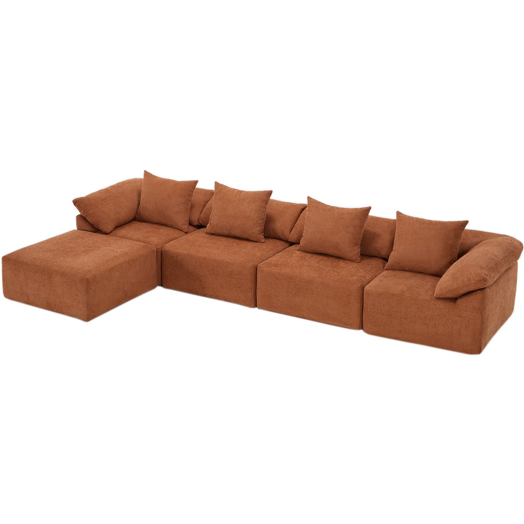 142' L Shaped Modular Sectional Sofa,No Assembly,5 Piece Couch, Convertible Sleeper Couch,Full-Compressed Couch,Free-Combined Couches,5 Seat & Ottoman,Chenille,Orange