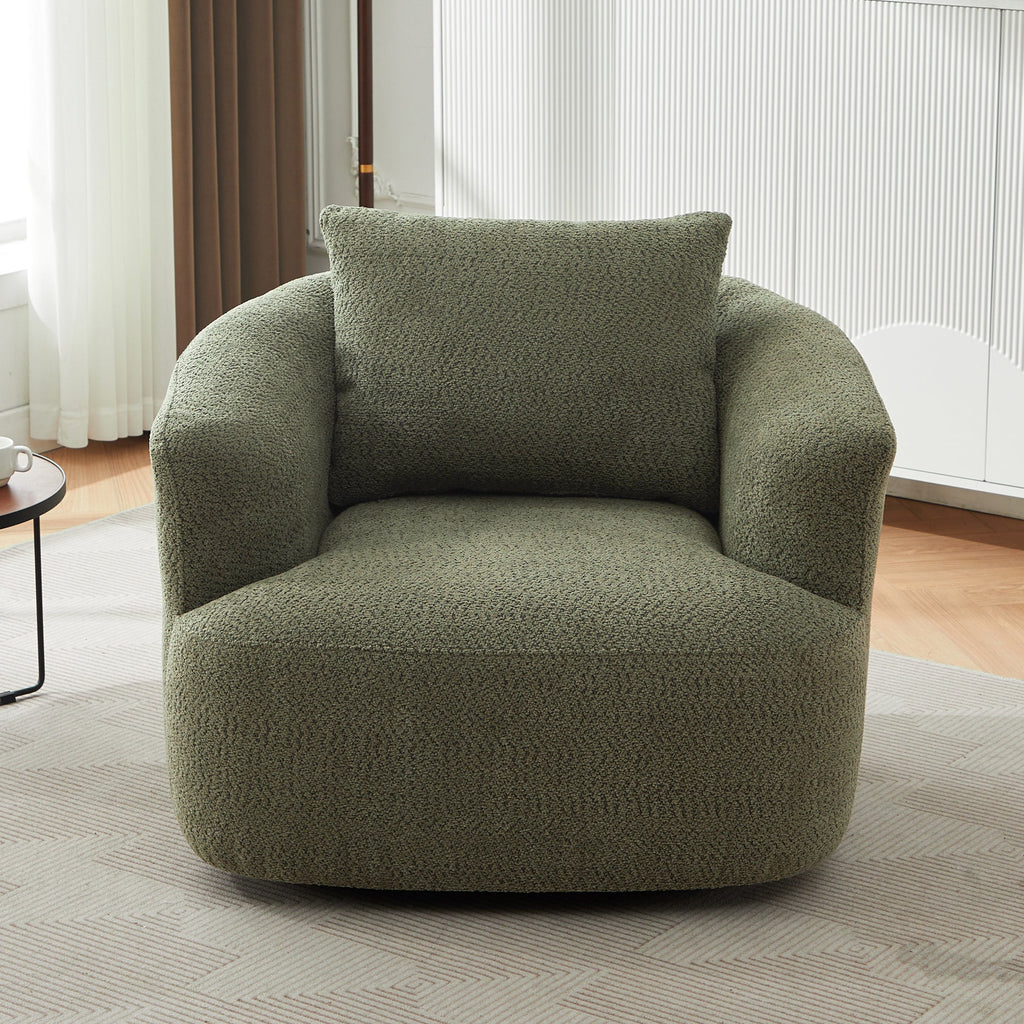 360° Swivel Chair, Chenille Upholstered Barrel Sofa Chair with Throw Pillow, Green, 38.2' for Living Room, Bedroom, Office