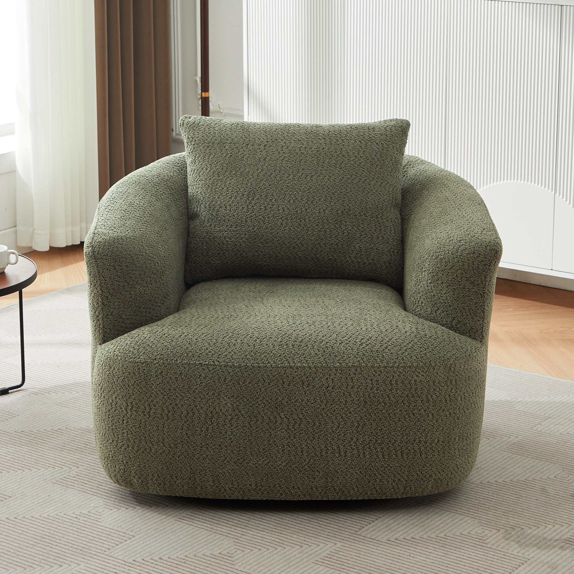 360° Swivel Chair, Chenille Upholstered Barrel Sofa Chair with Throw Pillow, Green, 38.2' for Living Room, Bedroom, Office