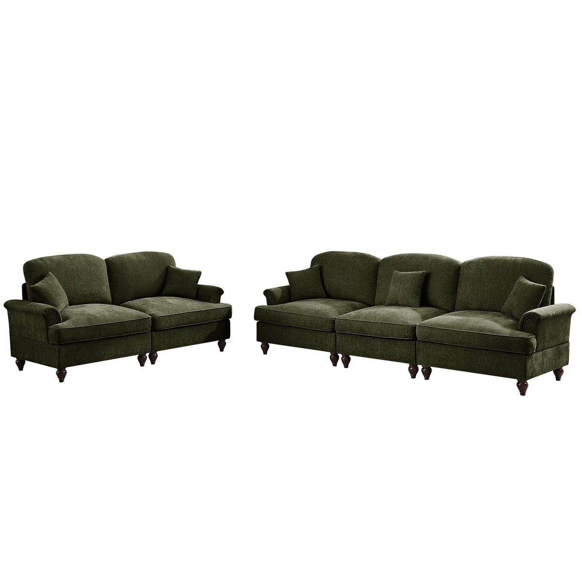 Classic 2 Piece Modular Couch Living Room Sofa Set with Flared Arms and Removable Ruffles Pleats Skirts and Spindle Legs, 3 Seater Sofa + 2-Seat Loveseat Sofa Sets for Living Room,Green