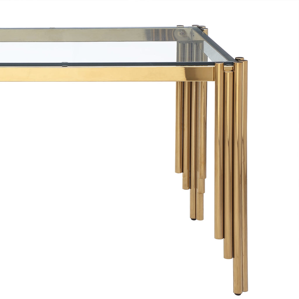 65' Rectangle Glass Dining Table, Tempered Glass Tabletop and Polished Gold Legs, Modern Style Table for Home, Kitchen. Dining Room