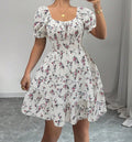 Ditsy Floral High Waist Flared Midi Dress – Short Sleeve Backless Summer Dress