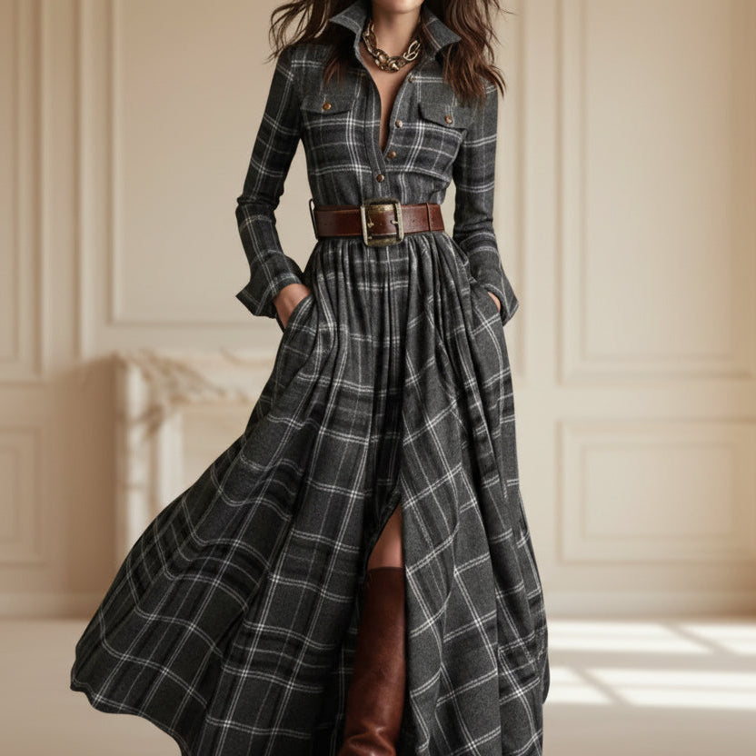Women's Plus Size Plaid Print Long Sleeve Shirt Dress with Pockets