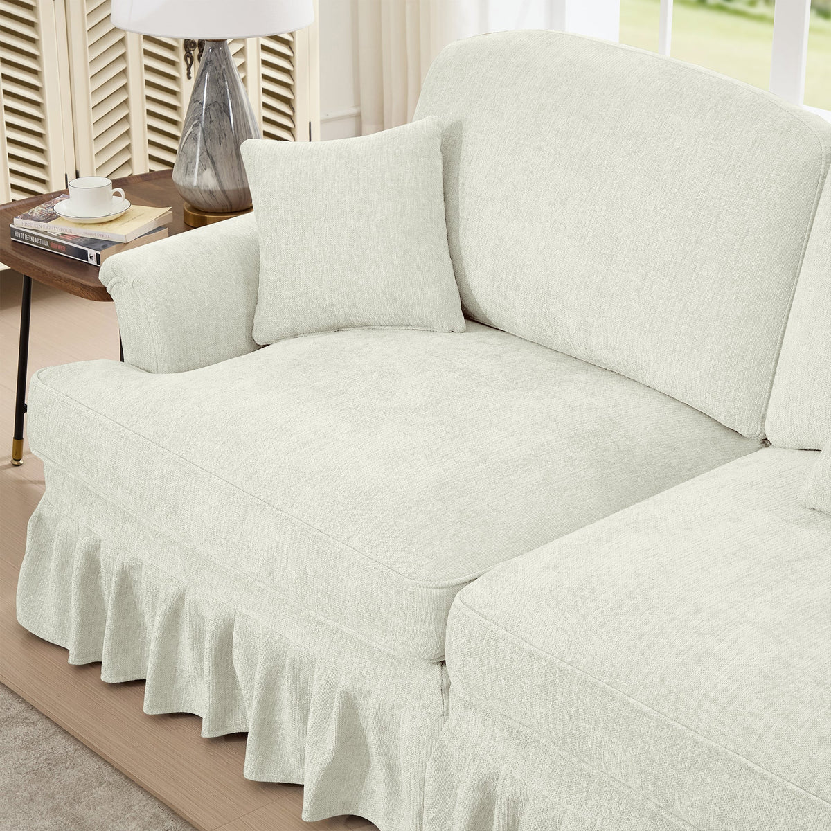 Classic 2 Piece Modular Couch Living Room Sofa Set with Flared Arms and Removable Ruffles Pleats Skirts and Spindle Legs, 3 Seater Sofa +3-Seat Loveseat Sofa Sets for Living Room, Beige White