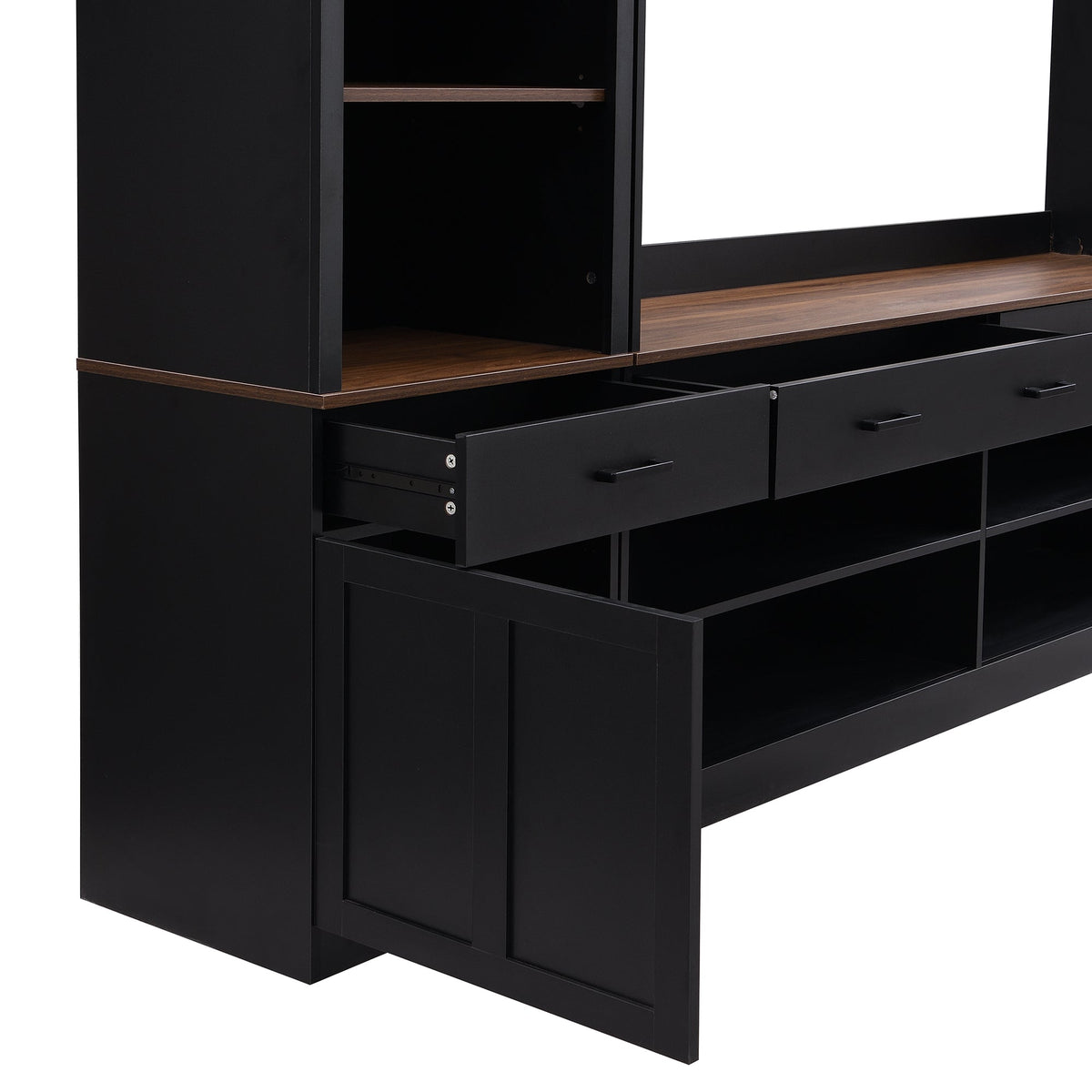 ON-TREND Farmhouse 4-Piece Entertainment Wall Unit Set with Bookshelf for TVs Up to 70', Walnut TV Stand with Adjustable Shelves, Mid-Century Large Media Console with Wine Rack for Living Room, Black
