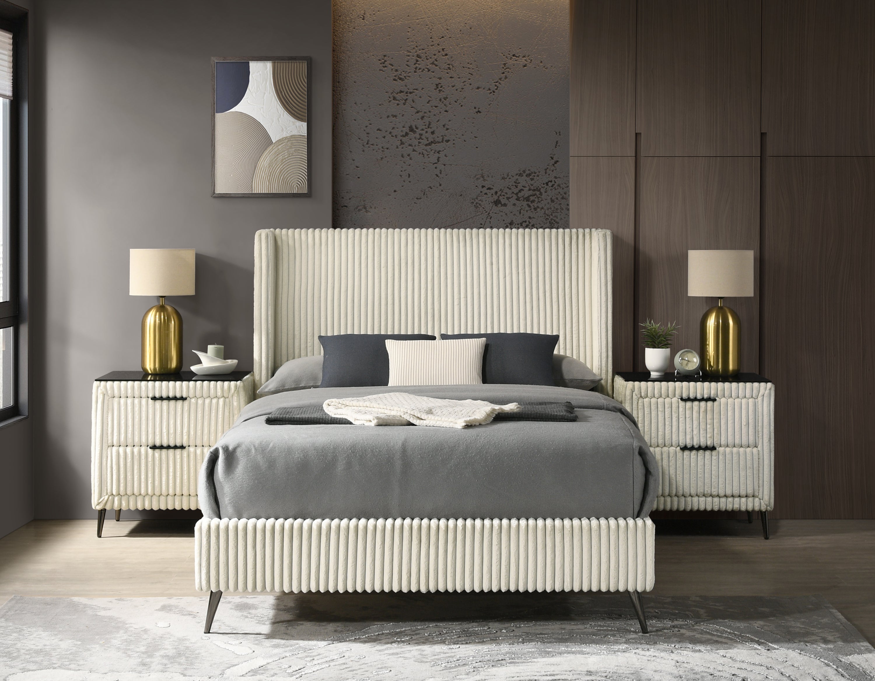 Mavela Wide Wale Corduroy Upholstery Panel Queen Bed with 2 Nightstands and Bench, Cream