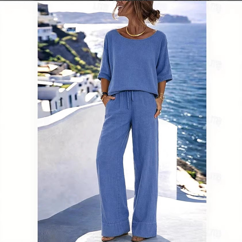 Women's Cotton Linen Resort Set – Short Sleeve Top & Wide-Leg Pants
