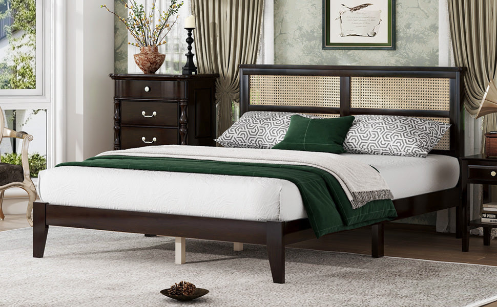 Queen Size Rubber Wooden, Solid Wooden Bed with Rattan Headboard, Enhanced by Support Feet,Espresso