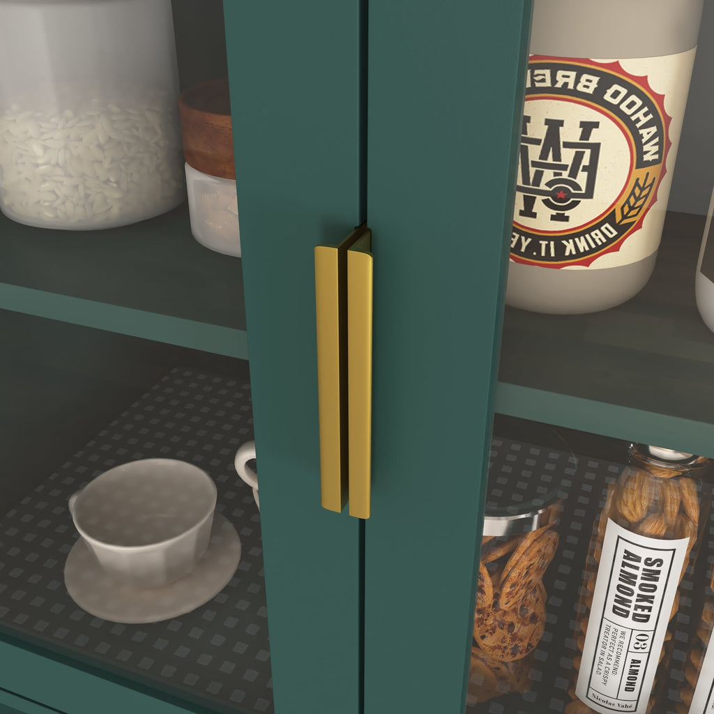 Tall Storage Bookcase with 2 Glass Display Door & 2 Doors, Tall Kitchen Pantry Cabinet with Gold Handles, Modern Cabinet Freestanding Living Room Green