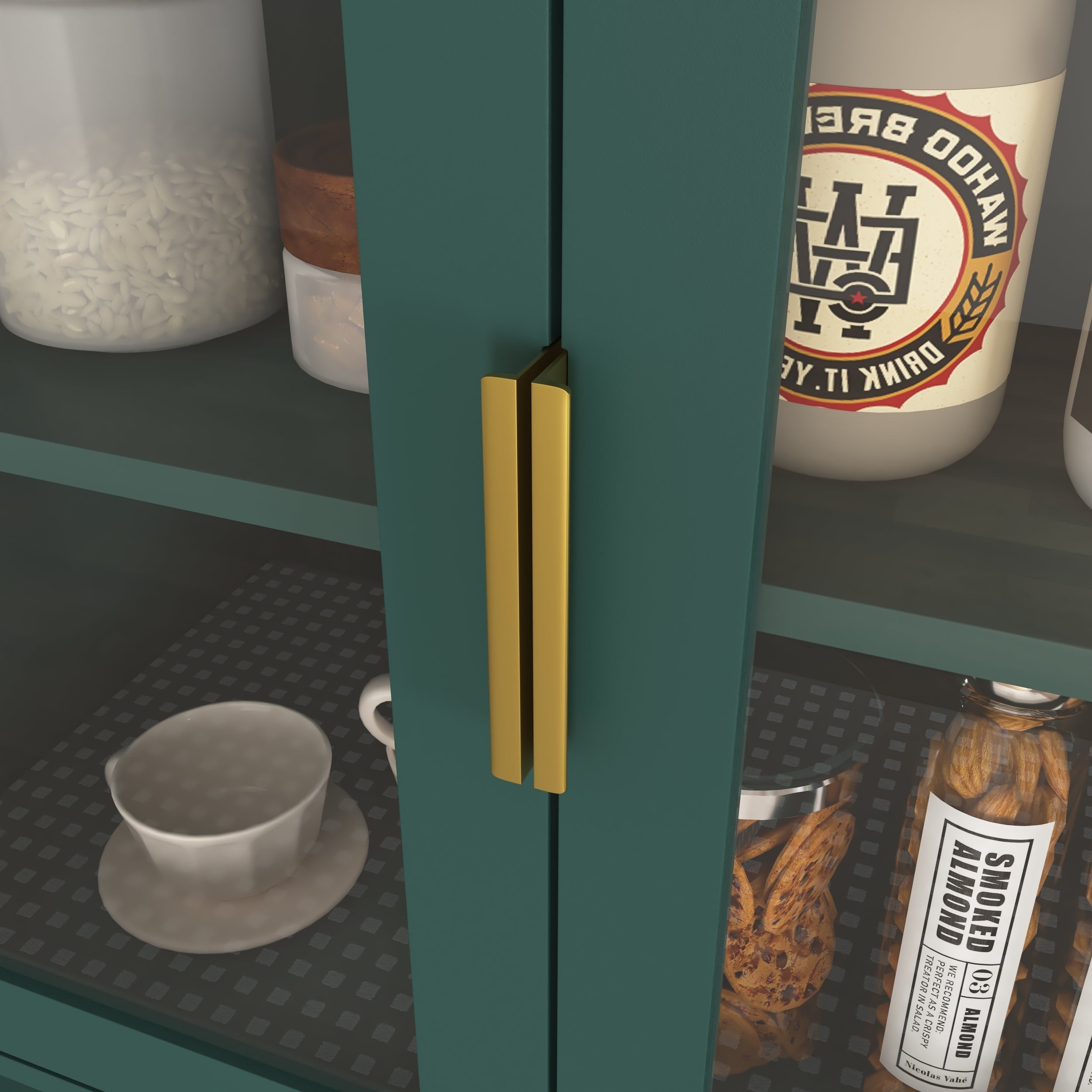 Tall Storage Bookcase with 2 Glass Display Door & 2 Doors, Tall Kitchen Pantry Cabinet with Gold Handles, Modern Cabinet Freestanding Living Room Green