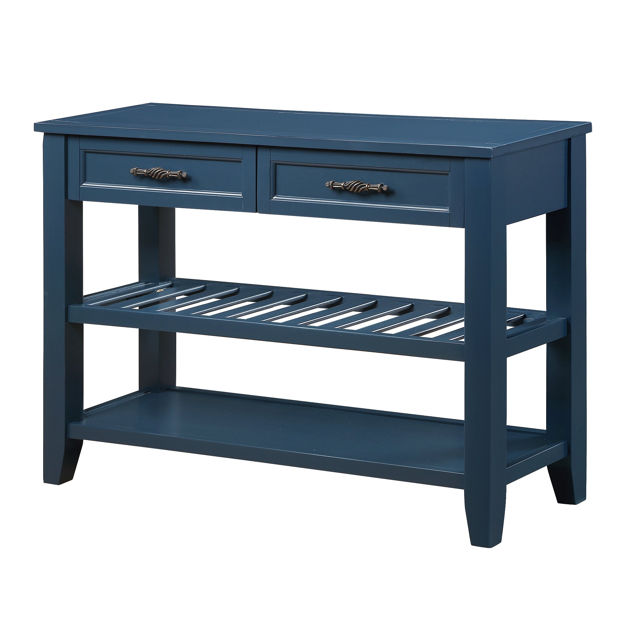 Console Sofa Table with 2 Storage Drawers and 2 Tiers Shelves, Mid-Century Style 42'' Solid Wood Buffet Sideboard for Living Room Furniture Kitchen Dining Room Entryway Hallway,Navy Blue