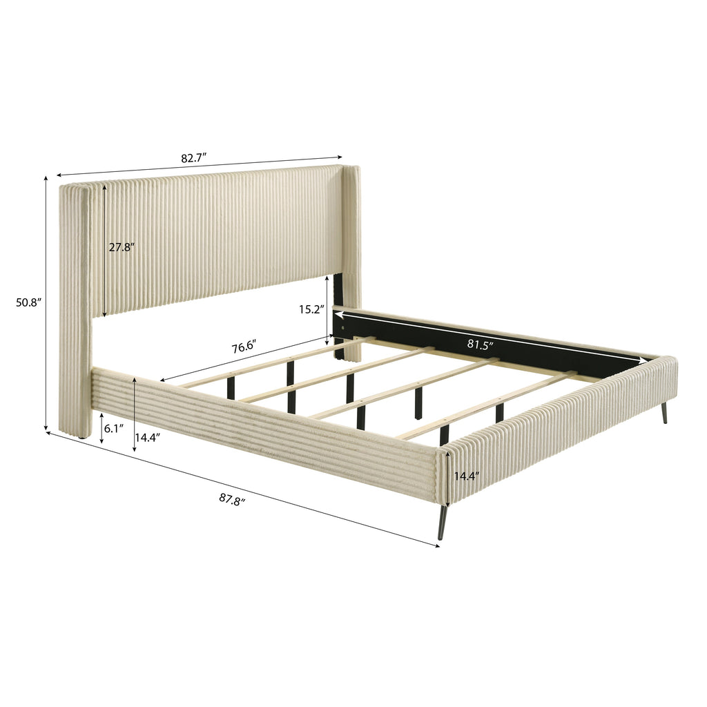 Mavela Wide Wale Corduroy Upholstery Panel King Bed with 2 Nightstands and Bench, Cream