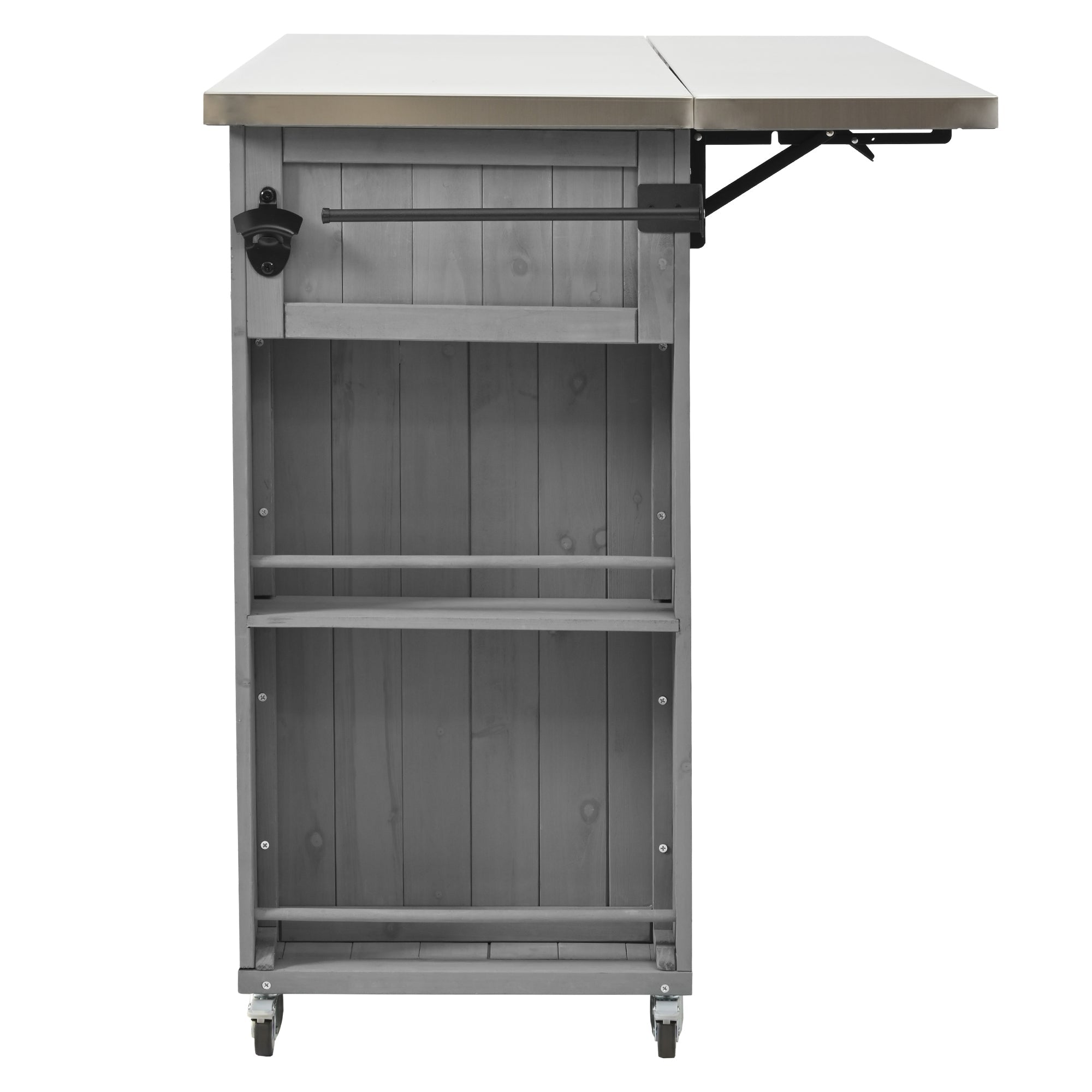 Outdoor Kitchen Island Fir Wood Kitchen Island with Stainless Steel Top, Ample Storage, Towel and Spice Racks, Bottle Opener, Grey