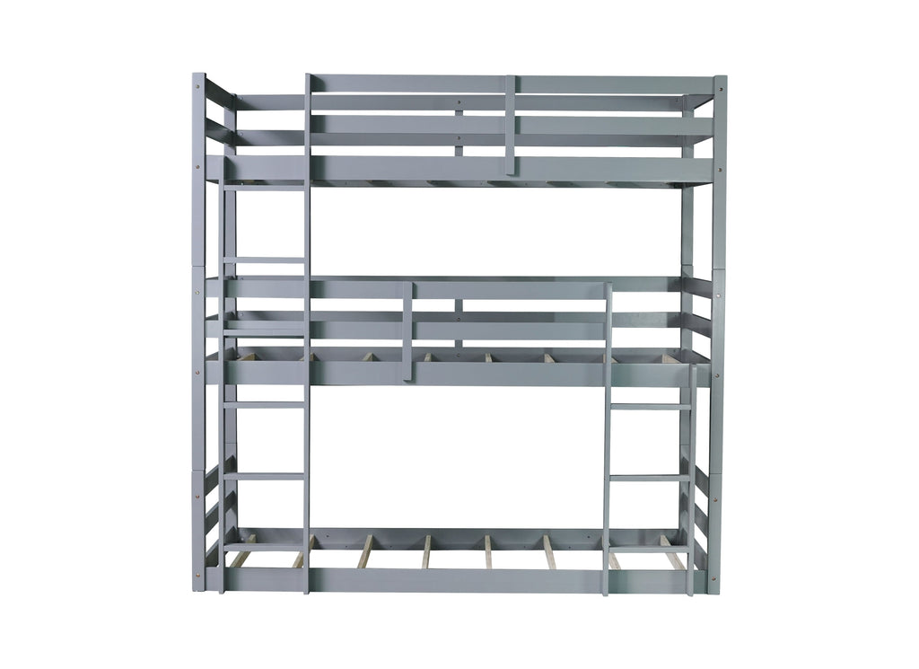 Triple Rubber Wood Bunk Bed with Two Built-in Ladders, Guardrails, Twin over Twin over Twin, Detachable Triple Twin Bunk Bed,Grey