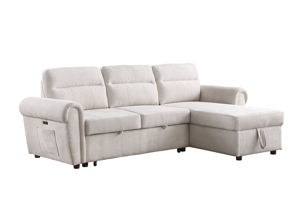 Hugo 97'W Beige Chenille Reversible Sleeper Sectional Sofa Chaise with USB Charger