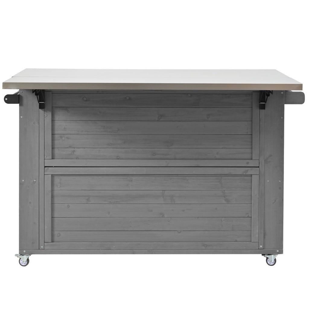 Outdoor Kitchen Island Fir Wood Kitchen Island with Stainless Steel Top, Ample Storage, Towel and Spice Racks, Bottle Opener, Grey