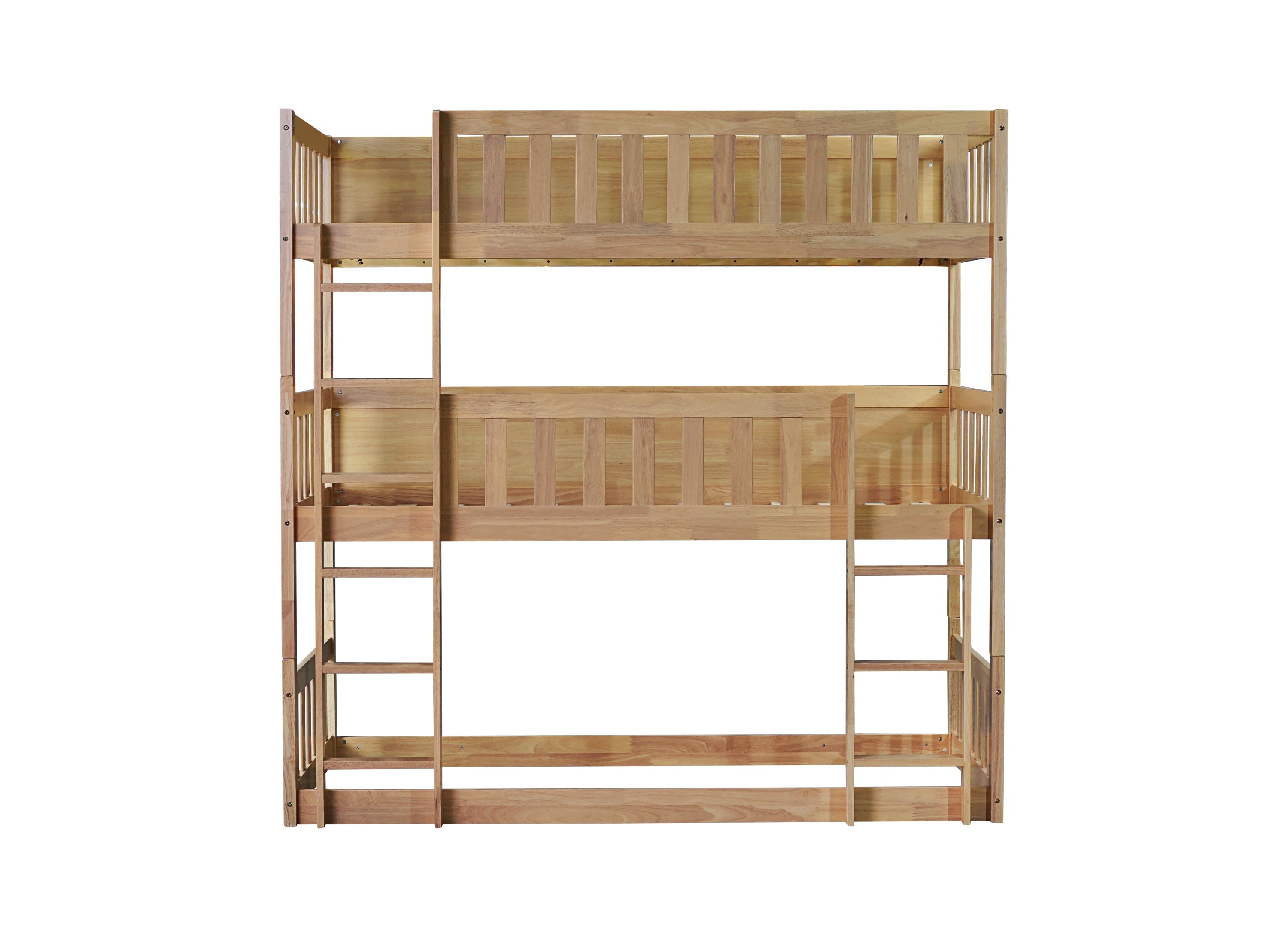 Twin Size Triple Rubber Wood Bunk Bed, with Ladders, Guardrails Detachable Bunk Bed, Twin over Twin over Twin,Natural