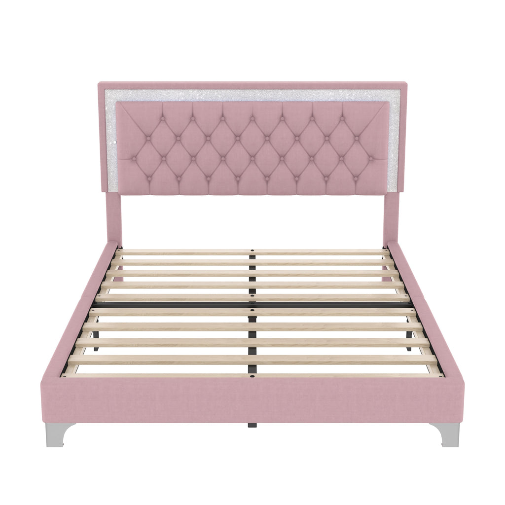 3-Pieces Bedroom Sets,Queen Size Upholstered Platform Bed with LED Lights and Two Nightstands-Pink